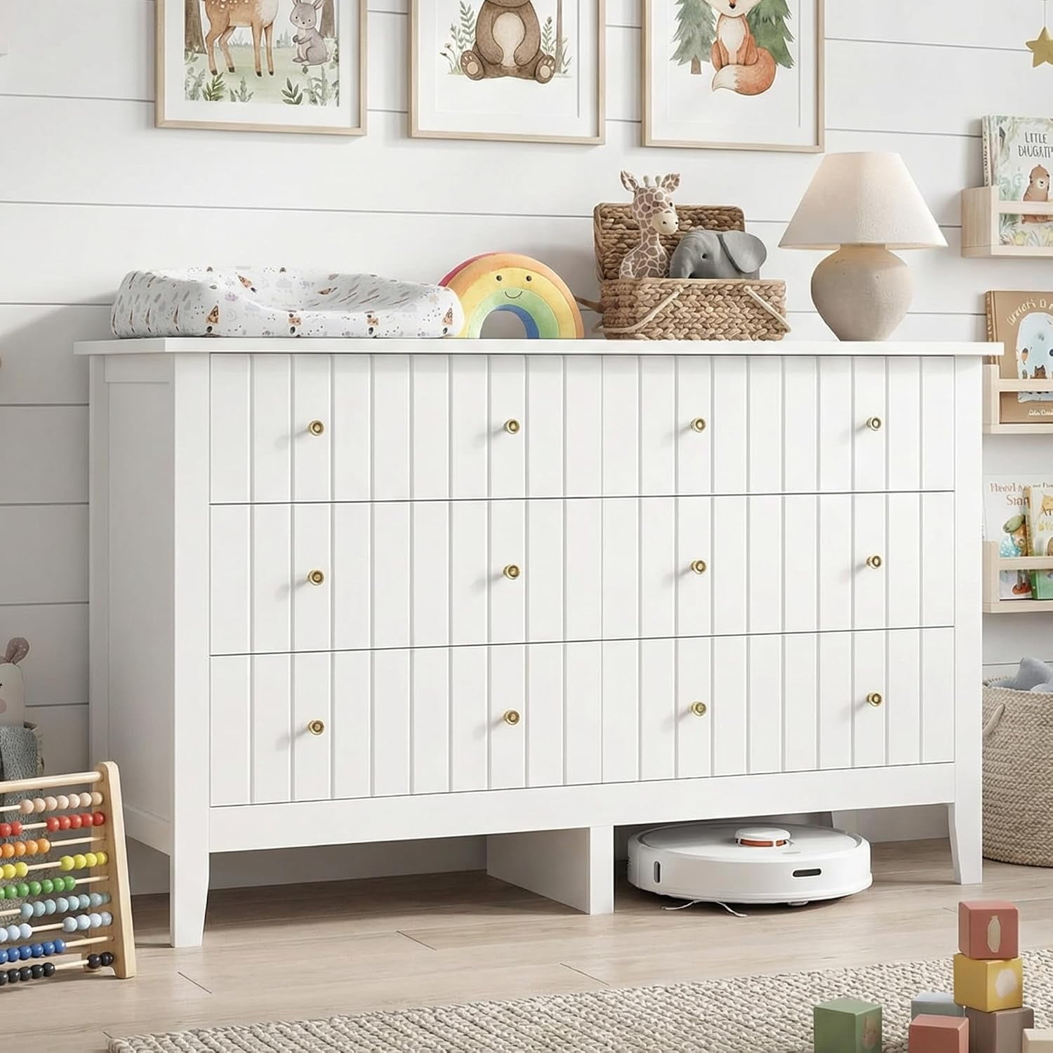 White Dresser Chest of Drawers Modern 6 Drawer Nursery Dressers | Double Wide Organizer Storage Cabinet for Closet Bedroom Living Room Hallway Nursery Dresser For Baby Clothes