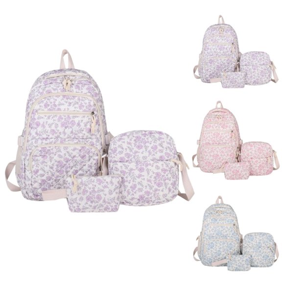 3 Pieces Floral Print Backpack Set, Waterproof Large Capacity Laptop Backpack With Crossbody Bag And Pouch, Lightweight Travel Daypack For Students Daily Use