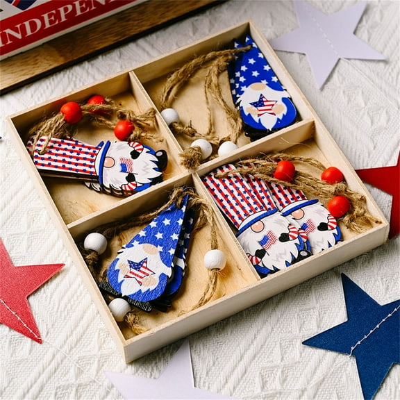 Clearance Under $5 Boovnll 4th of July Tree Decorations, 12Pcs Wooden Red White Blue Gnomes Memorial Day Ornaments, 4th of July Ornaments for Patriotic Party Hanging Decor, 4th of July Decorations
