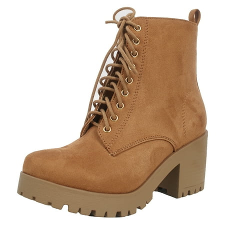 

Soda Women s Faux Suede Combat Lug Block Heel Boot Tan 10 M US