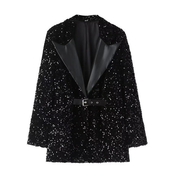 UYISJ Women's V Neck Sequins Blazer Notch Lapel Loose Style Jacket with Belt Long Sleeves Nightclub Prom Coat Tops M