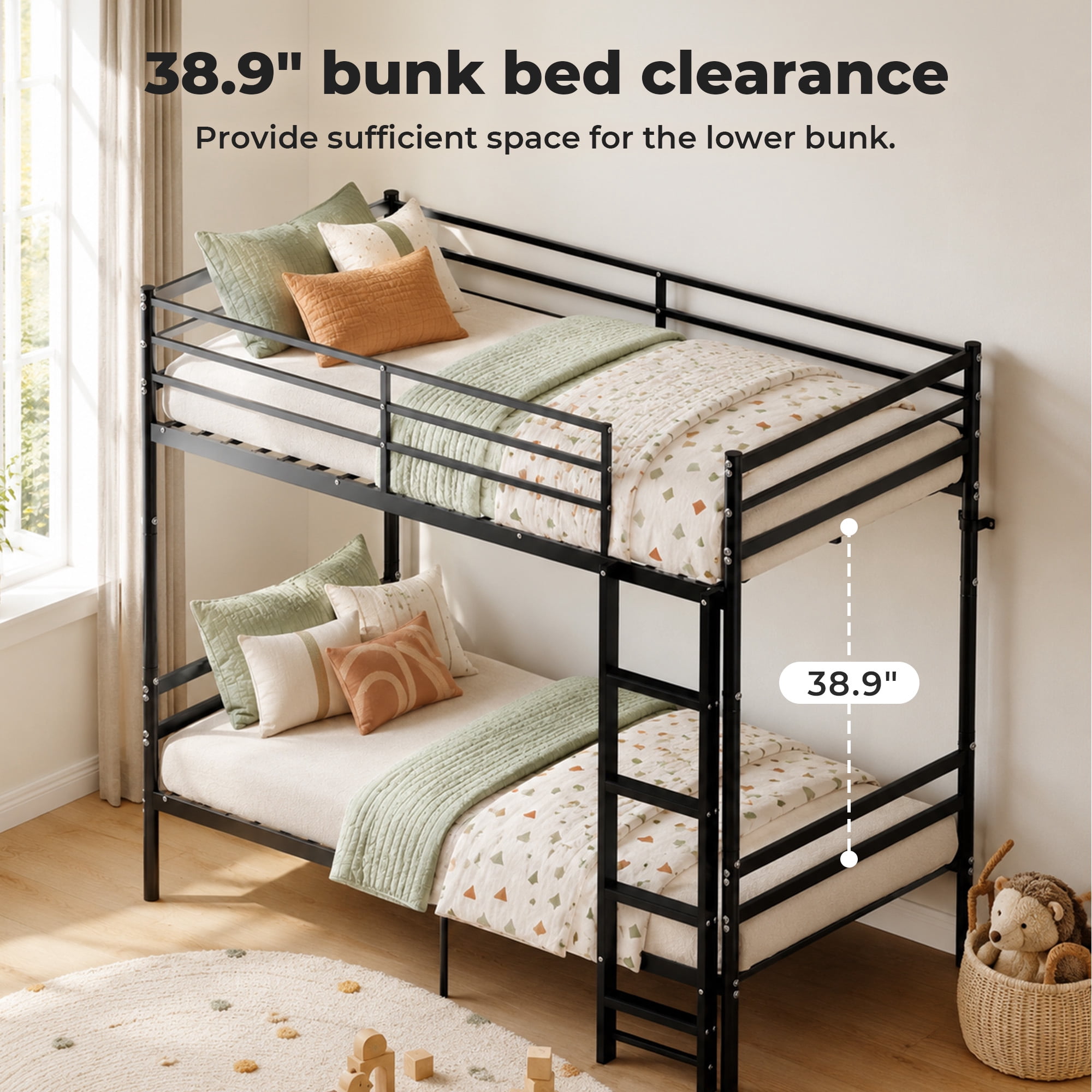 Alvantor Bunk Bed Twin over Twin, Metal Bunk Bed for Kids with Stairs and Guardrail, Converted Into 2 Twin Bed Black