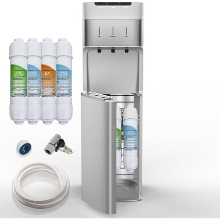 SOOPYK UV Self Cleaning Bottleless Water Cooler Dispenser with 4 Stage Filter 3 Temperature Settings Child Safety Lock Silver
