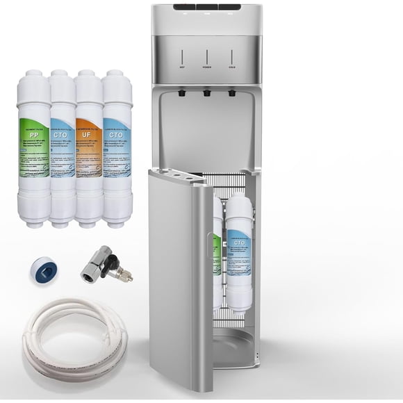 SOOPYK Distributeur d'Eau Sans Bouteille Autonettoyant UV avec Filtre à 4 Niveaux, 3 Réglages de Température, Verrou de Sécurité pour Enfant, Argent