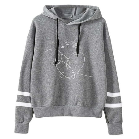 - Fancyleo New Fashion Women Casual Hoodies Bts Sign Hooded Pullover Women Striped Drawstring Sweatshirt Female Loose Hoodie