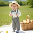 thumbnail image 2 of Ulanda Fall Outfit Newborn Baby Boy Gentleman Long Sleeve Bow Tie Romper Plaid Suspender Pants 2Pcs Christmas Clothes Set (Black, 3-6 Months), 2 of 9