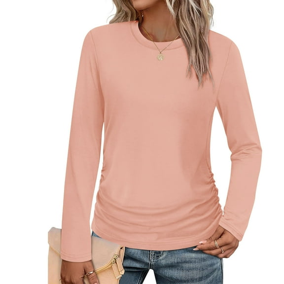 Blmnix Rose Gold Boho Tops Plain Long Sleeve Travel Work Blouses for Women Crew Neck Tops