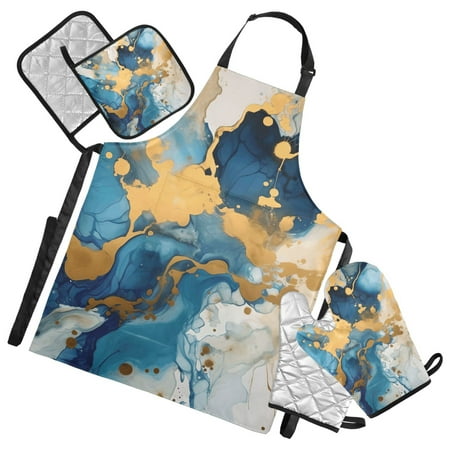 Sapphire Blue Gold Marble 5 Pcs Kitchen Set Heat Resistant Oven Mitts and Non-Slip Pot Holders with Adjustable Cooking Apron