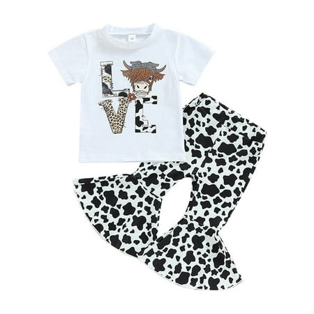 

QYZEU Girls Casual School Set 8 Girl Outfits Kids Toddler Baby Girls Cotton Short Sleeve Cartoon Tshirts Tops Print Bell Bottom Pants Outfits Set Clothes