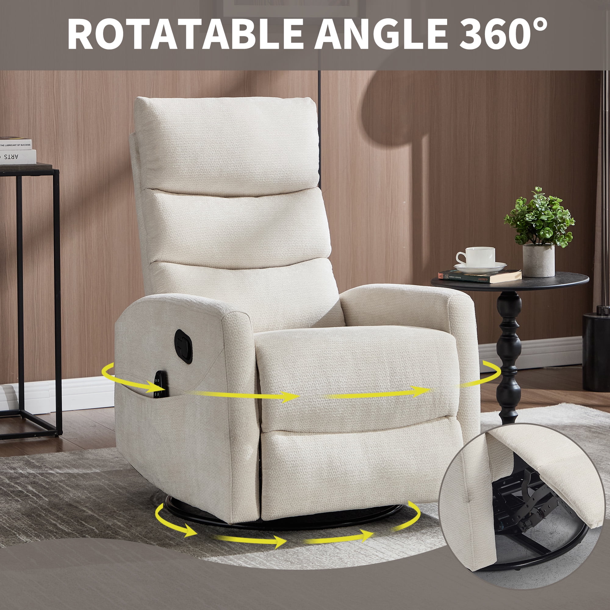 Leumius Manual Recliner Chair with Massage and Heat for Adult,360° Swivel Rocker Chair with Ergonomic High Backrest,Glider Recliner Nursery Chair with Side Pockets for Living Room,Beige Chenille
