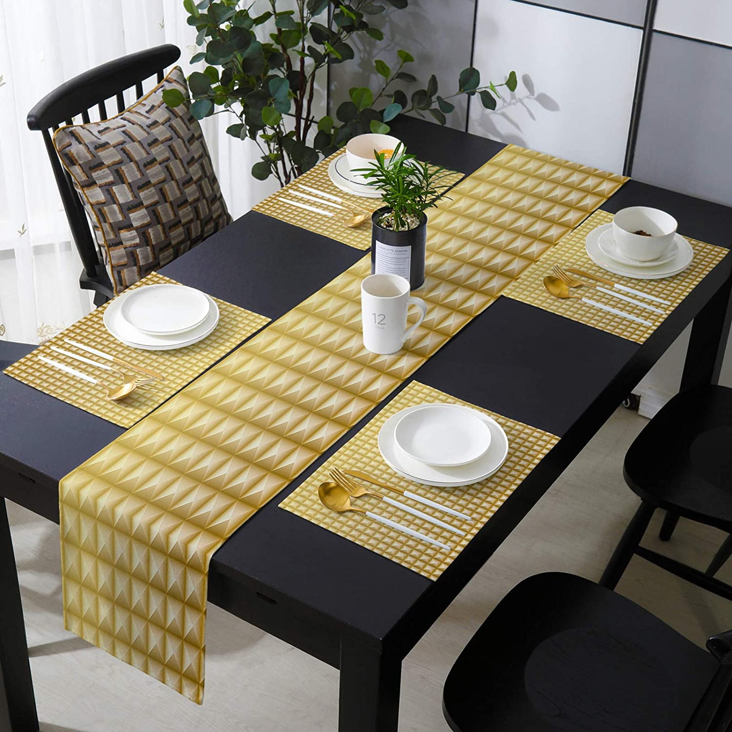 Table Runner with 6 Place Mats, Geometric Solid Texture Yellow Pattern Cotton-Linen Dining Mat ...