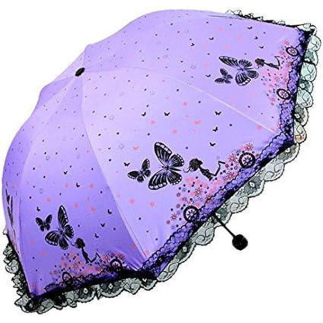 Mini sombrilla (morada), estilo simple con encaje de mariposa, paraguas de viaje plegable compacto, resistente a la intemperie, paraguas para exteriores con protección UV para mujer, tamaño 86 * 65 c