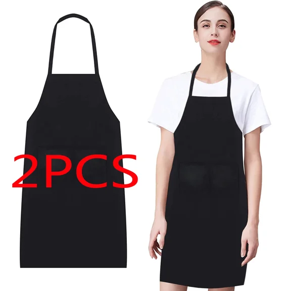 Solid Cooking Kitchen Restaurant Bib Apron Unisex Dress Black With 2 Pocket