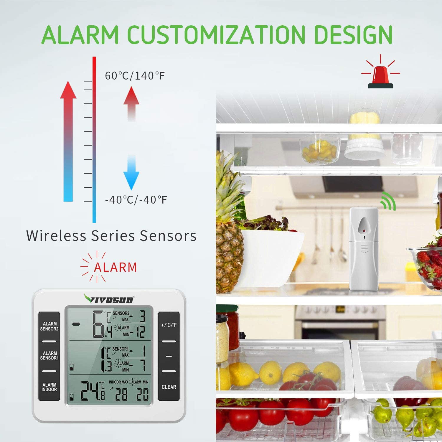 Fridge & Freezer Thermometer Max Min Audible Alarm 2 Wireless Sensors Restaurant 