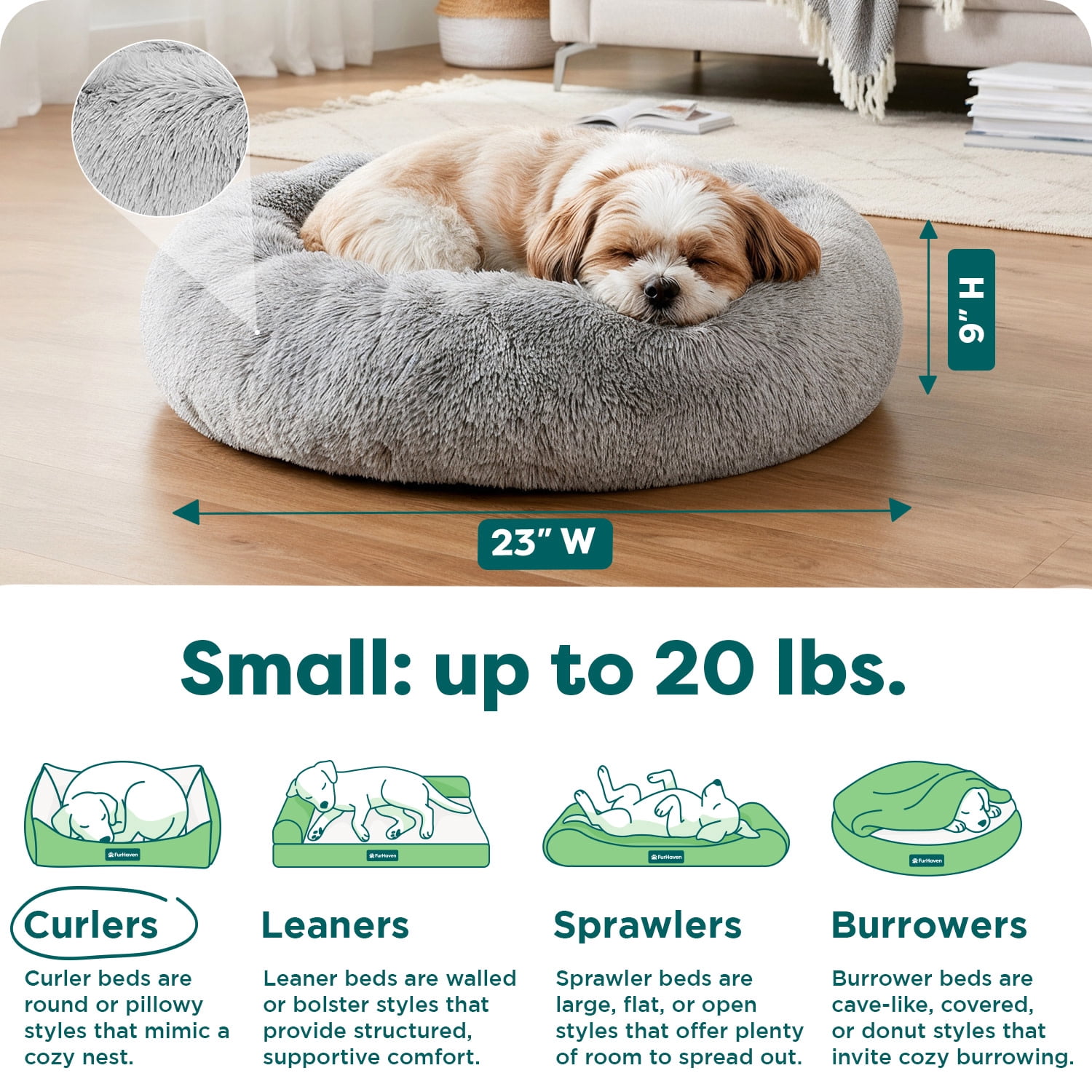 Furhaven 23" Round Calming Donut Dog Bed with Washable & Removable Cover & Bolster - Shaggy Plush Long Faux Fur Ball Bed - Mist Gray, For Dogs Up to 20 lbs, Small