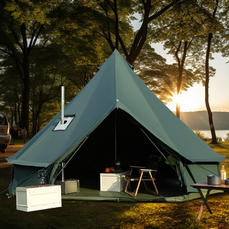 LVUYOYO Bell Tent for Camping Cotton Canvas Bell Tent with Stove Jack Outdoor Canvas Bell Tent for Family Glamping Camping 4 Season Tent with Zipped Removable Floor 5M Green