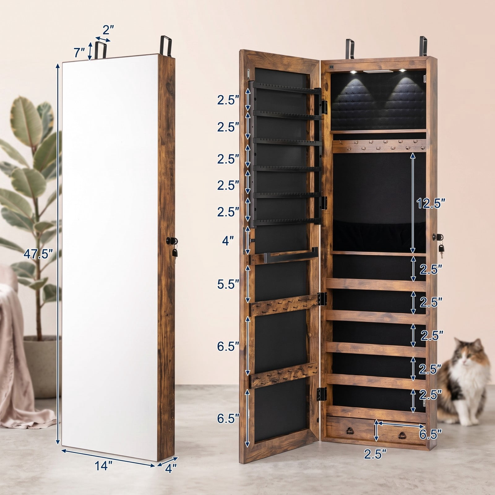 Furnibear Lockable Wall and Door Mounted Jewelry Cabinet with Full-Length Mirror and LED Lights for Bedroom Ring and Necklace Storage, Rustic Brown