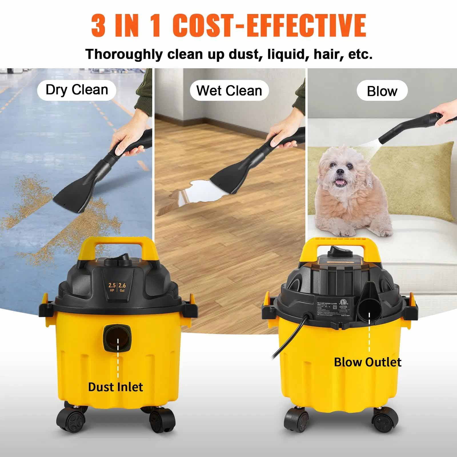 Wet Dry Vac 2.6 Gallon 3 in 1 Portable Shop Vacuum with Blowing Function, Attachments Storage, Perfect for Cleaning Floor, Upholstery, Gap, Car
