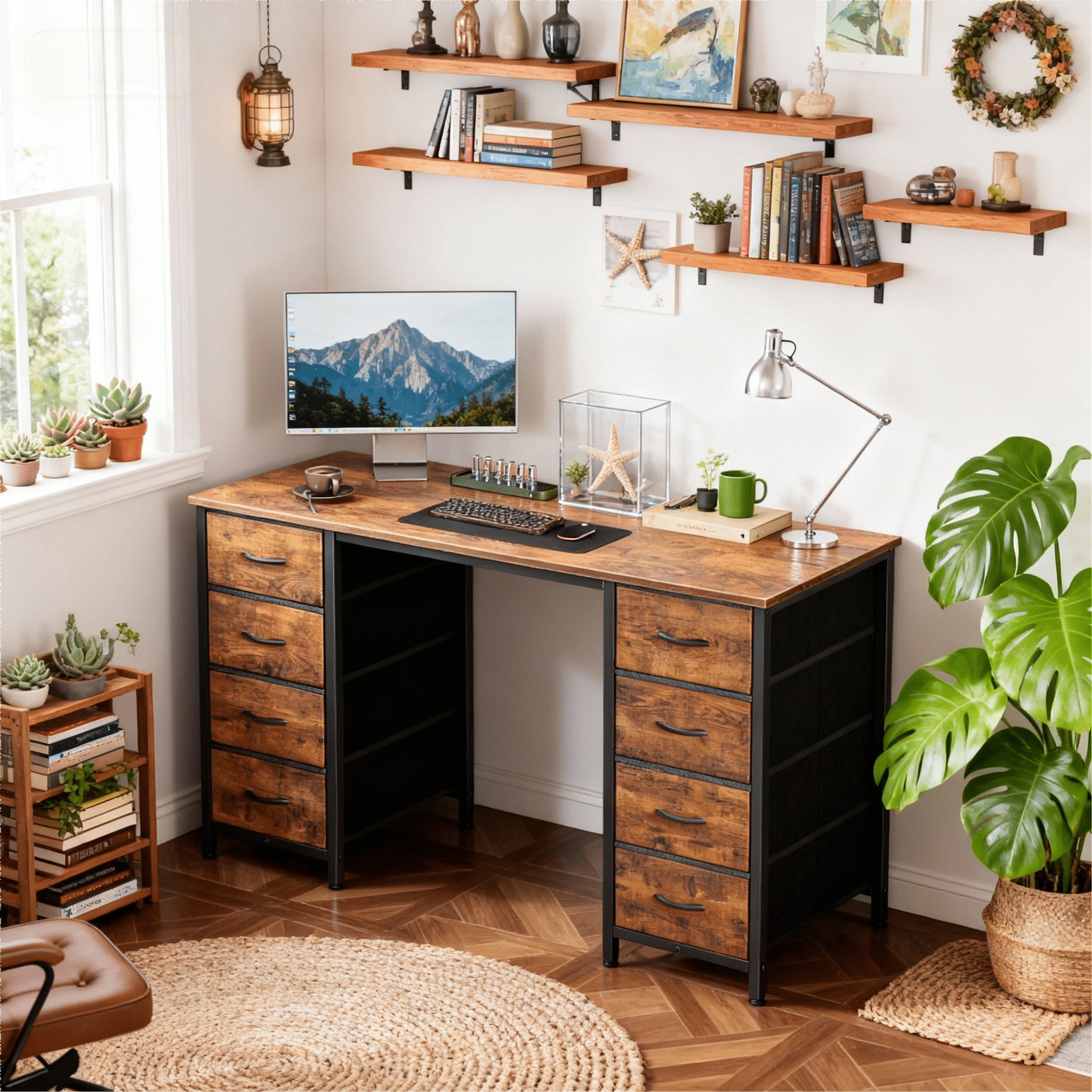 CONCETTA 47 Inch Computer Desk with 8 Fabric Drawers, Home Office Desk Workstation for Study & Gaming, Large Storage Writing Desk, Sturdy Metal Frame, Brown