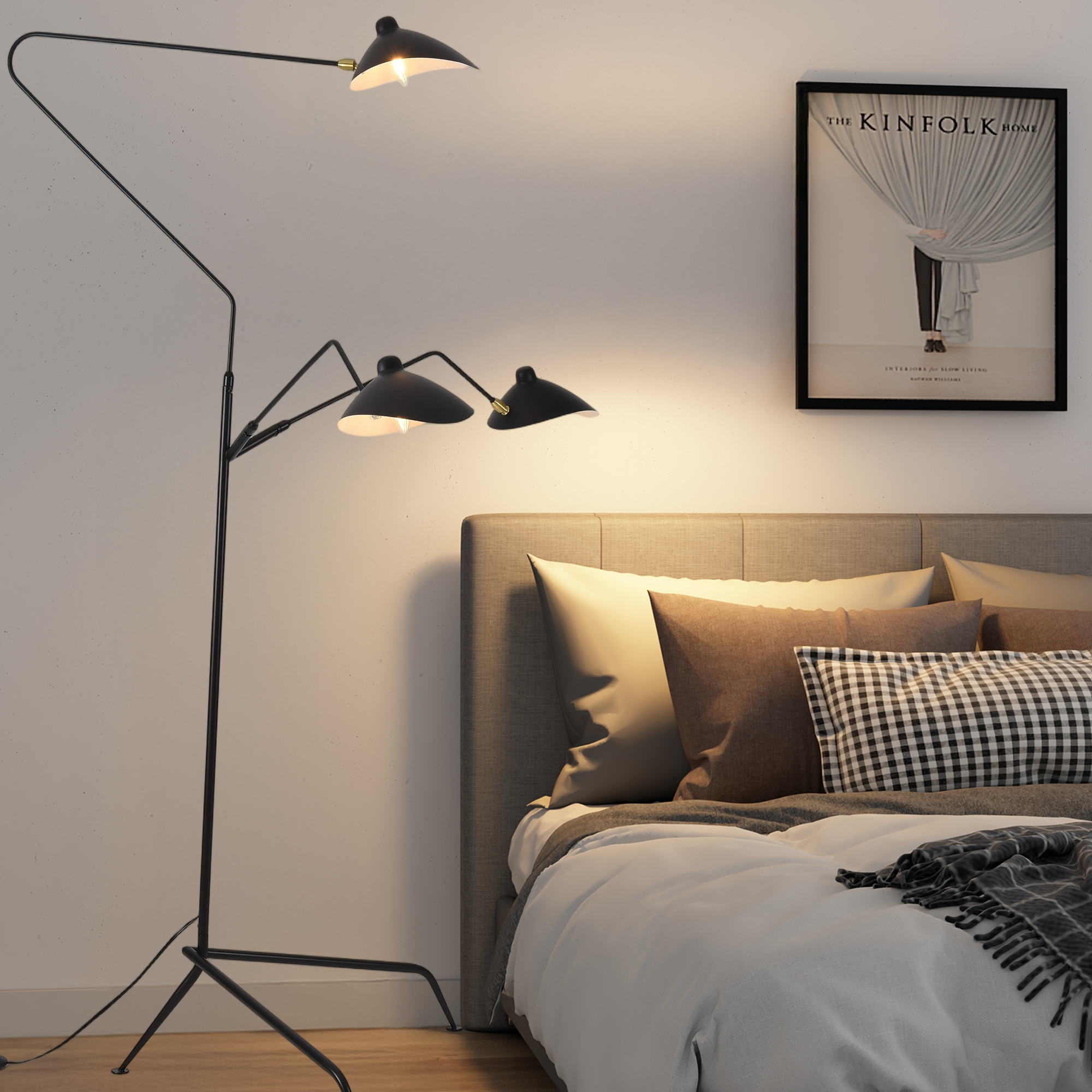 Modern Black 3-Light Tall Floor Lamp, Mid-Century Adjustable Standing Lamp, Spider Arm Floor Lamp with 360° Swing Arm, Tall Lamp for Reading,Bedroom