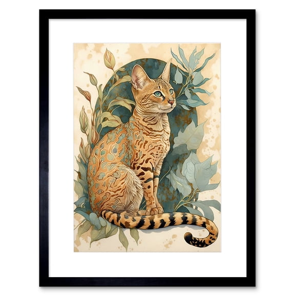 Ocicat Cat with Teal Rosette Pattern Fur and Leafy Plants Watercolour Illustration Artwork Framed Wall Art Print 9X7 Inch