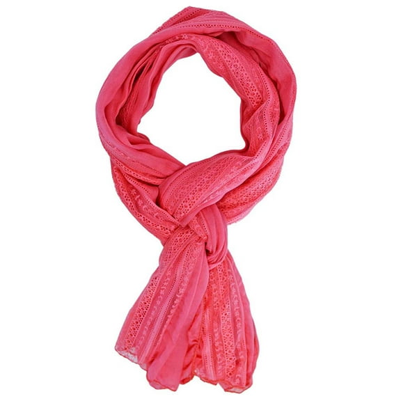 Coral Silky Lightweight Scarf With Lace