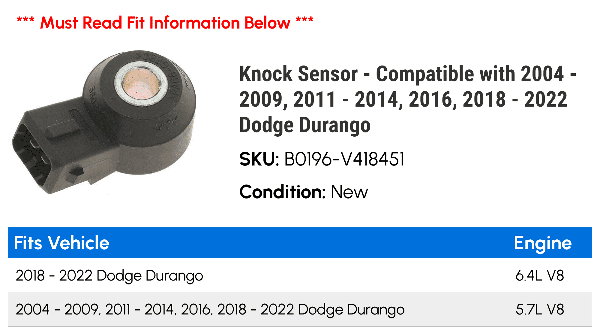 Knock Sensor - Compatible with 2004 - 2009, 2011 - 2014, 2016, 2018 - 2022 Dodge Durango 2005 2006 2007 2008 2012 2013 2019 2020 2021