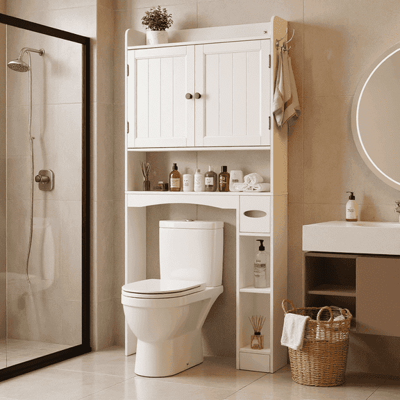 Noelse over the Toilet Storage Cabinet with 2 Doors, Adjustable Shelves, Bathroom Organizer Cabinet, White