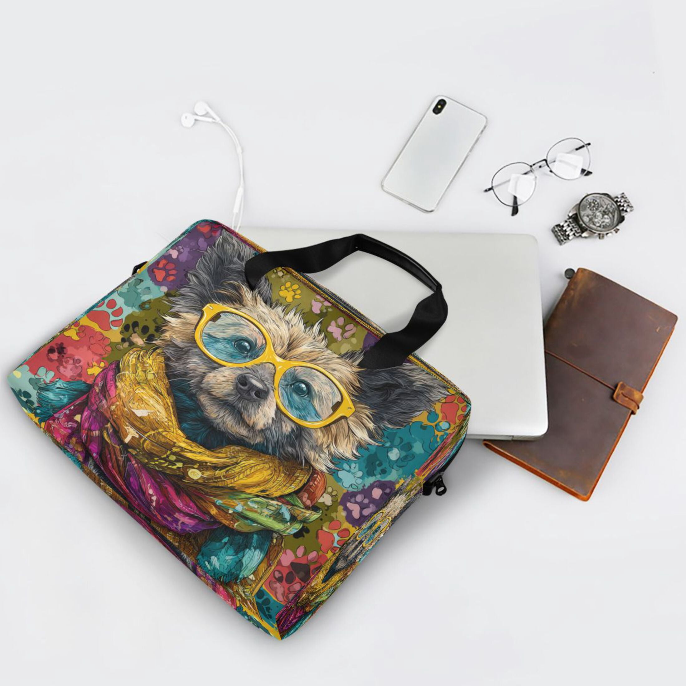 16" Laptop Tote Bag Laptop Sleeve Case Computer Briefcase for Work & Travel Dog Wearing Yellow Glasses