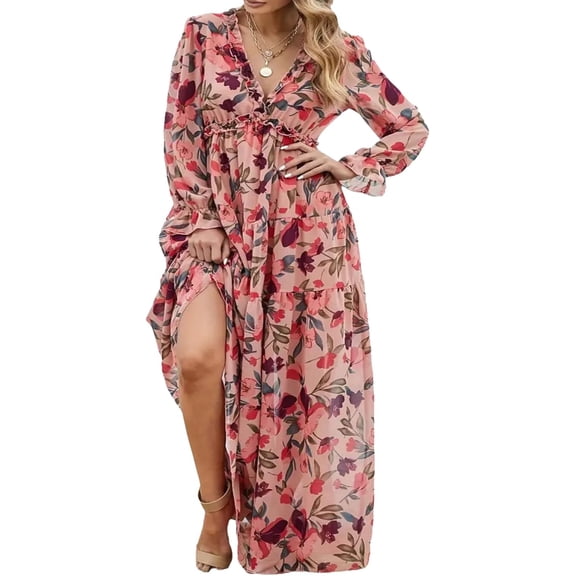 ZANKLEY Womens Casual Boho Floral Printed V Neck Long Sleeve Maxi Dress for Spring Summer Vacation