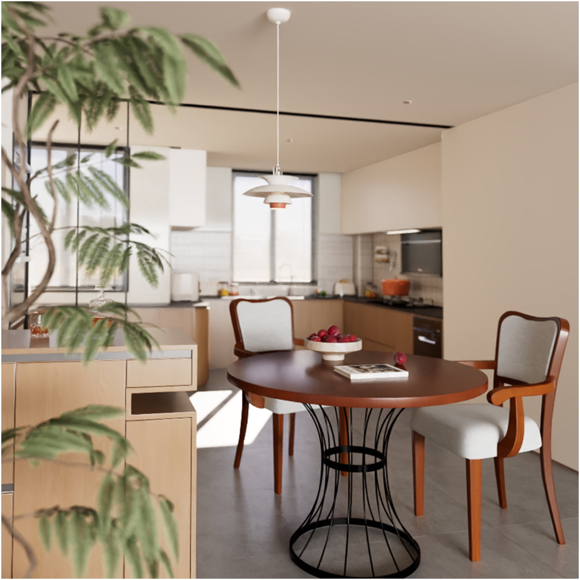 JERFIT 3-Piece Round Dining Set Kitchen Table and Chairs with Iron Base Beige Fabric Upholstered Armchairs Walnut Finish Rustic Modern Space Saver