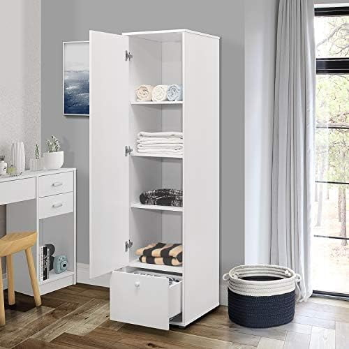 Corry Tall Storage Wardrobe Armoire with Shelves and Drawer, Narrow Freestanding Cabinet with Adjustable Shelves for Living Room, Bedroom, or Home Office$$Home Decor, Kitchen, & Other