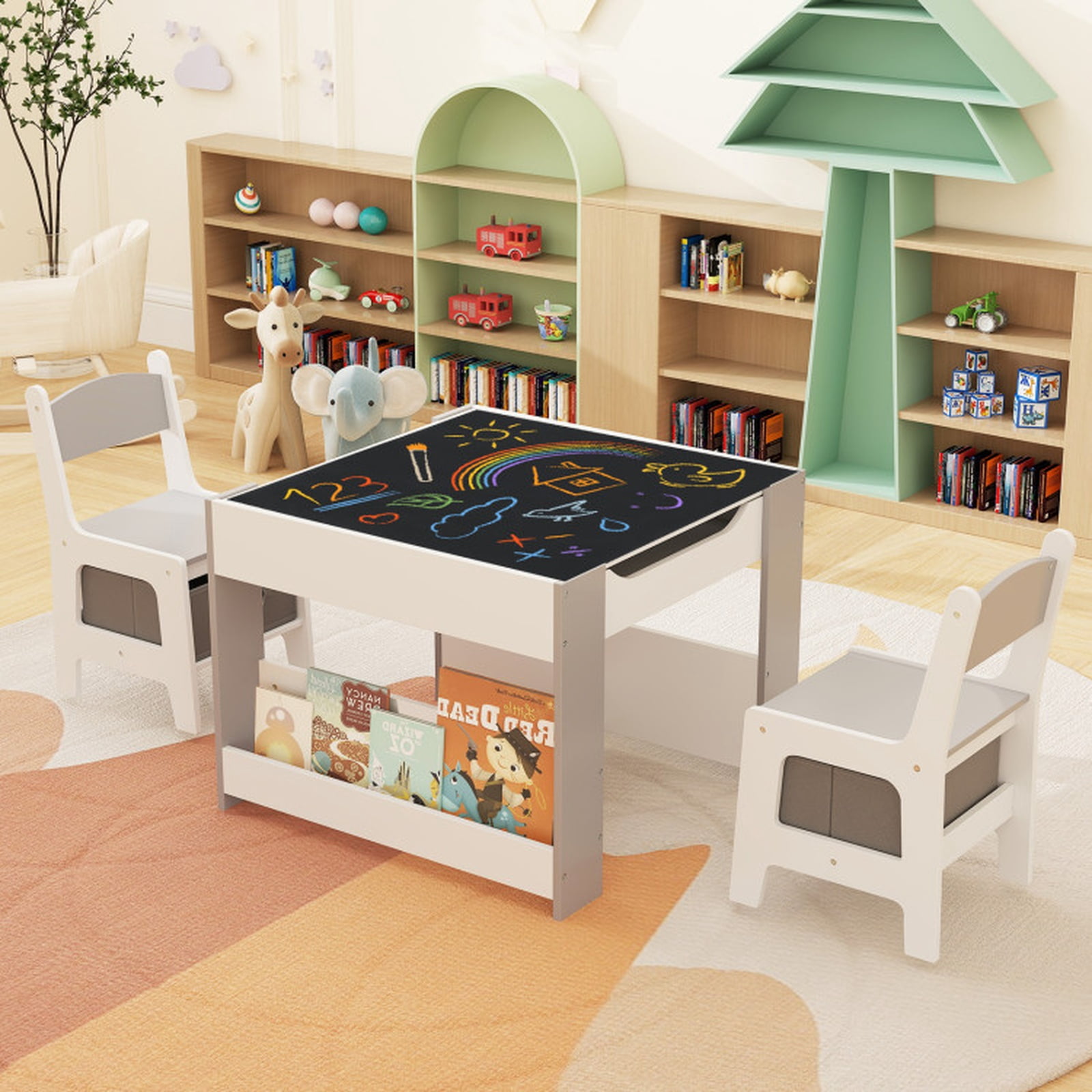 Furnibear Kids Table and Chair Set 4 in 1 Kids Toddler Activity Table and Chairs Set with
