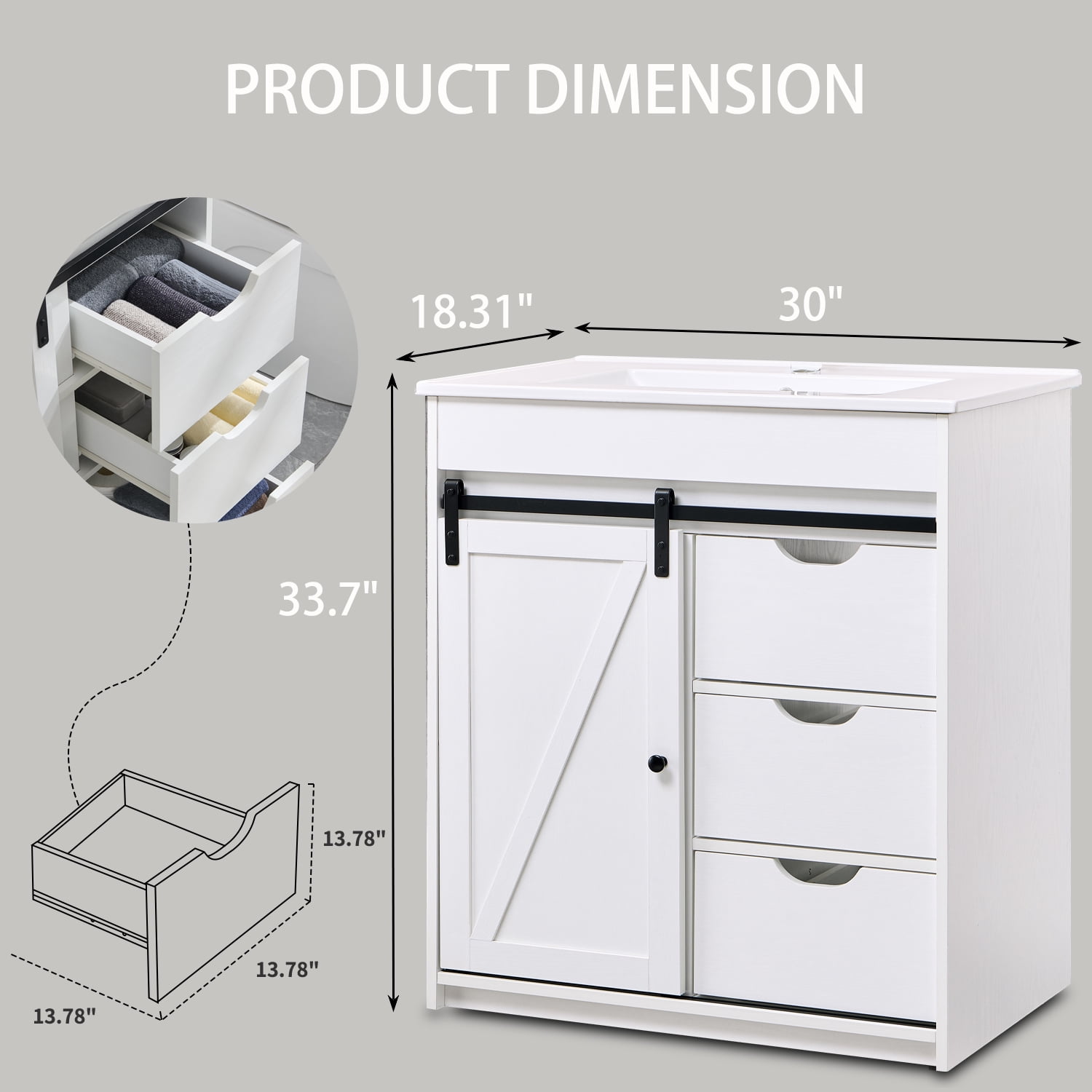 wow97e Farmhouse Bathroom Vanity with Sink, 24" Freestanding Bathroom Vanity Cabinet with Sliding Barn Door, 3 Storage Drawers & Adjustable Shelves