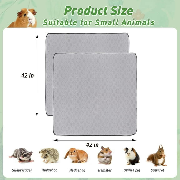 2 Pack Guinea Cage Liners, 42'' X 42'' Washable Reusable Fleece Pee Pads for Hamster Rabbit Chinchilla Rat