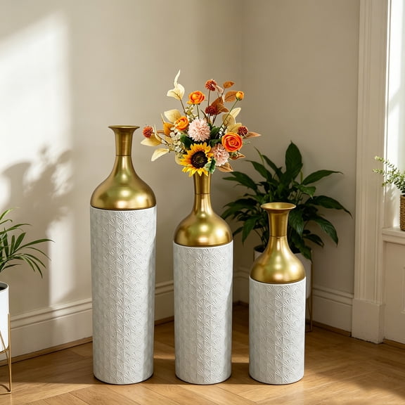 Set of 3 White & Gold Leaf Pattern Metal Floor Vases, Tall Decorative Vases for Living Room Entryway Home Decor
