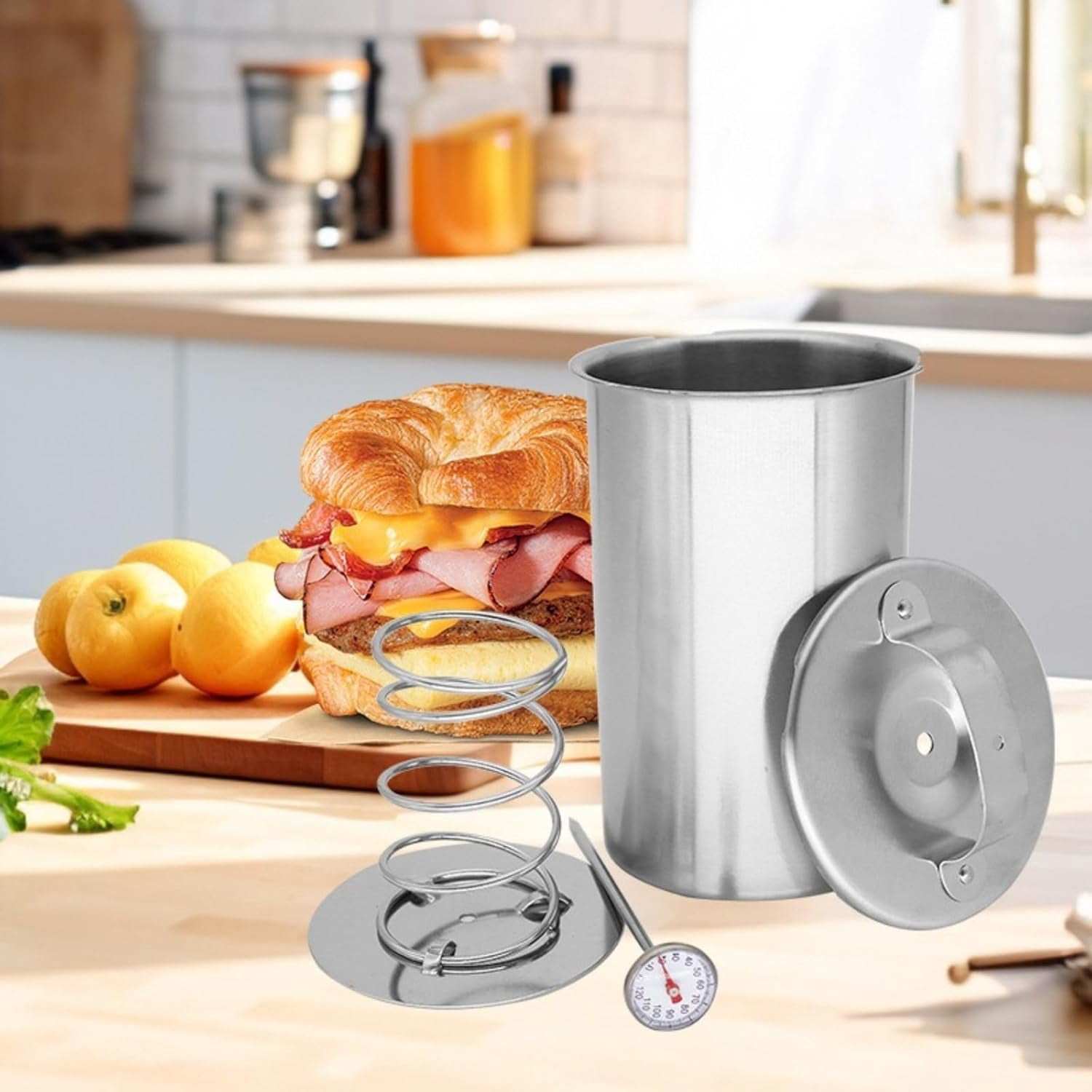 Stainless Steel Deli Meat Press with Thermometer & Spring - 2026 Upgraded Meat Press Mold for Deli Meats, Kitchen Bacon Pressure Cookers Boiler Pot Pan Stove