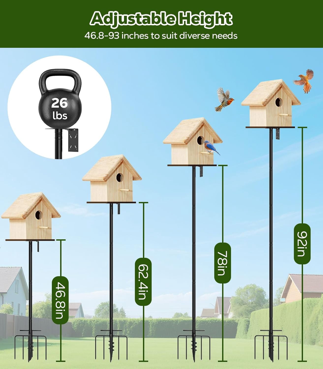 Bird Feeder Pole, 92 inch Bird Feeding Station Heavy Duty with Squirrel Baffle and 9 Prong Base, Includes Water Bowl and Mesh Tray for Feeding, for Gardens and Courtyards, No Bird House, Black