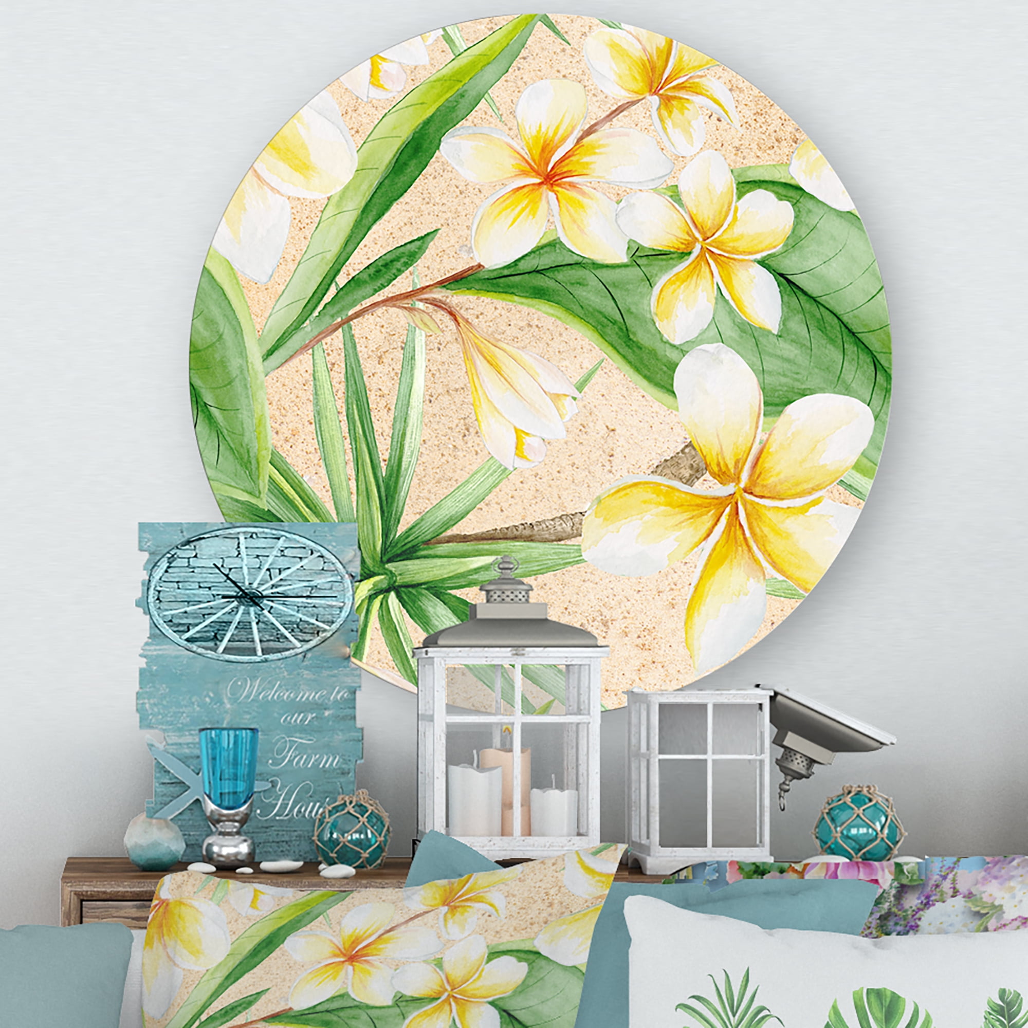 Designart 'Yellow Flowers and Tropical Foliage XI' Traditional Circle Metal Wall Art 11x11 - Disc of 11