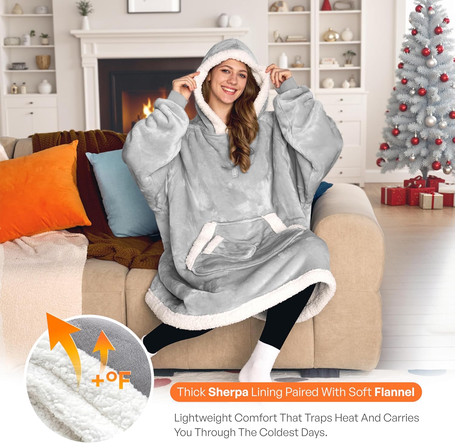 Joyfy Wearable Blanket Hoodie,Oversize Hoodie Fleece Sweatshirt Wearable Blanket for Women and Men,Clothing Gift for Women Men Mom Dad,Giant Hood Pocket and Sleeves for Adult(Grey,Oversize)