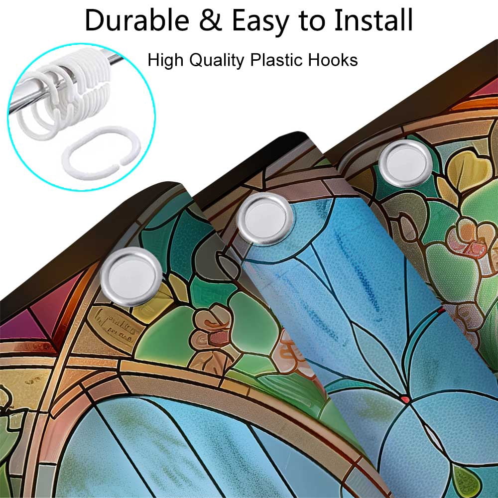 Cute Stained Glass Shower Curtain, Boho Vintage Floral Teal Fabric Shower Curtains Set for Women Girls Bathroom Decorative, Pretty Flowers Restroom Decor Accessories with Hooks 72X84 Inch