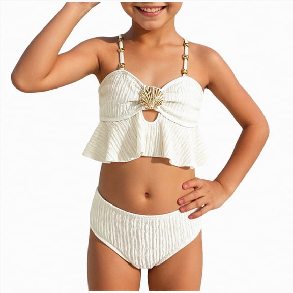 mgoYE Swimsuit for Girls Size 6 Girl's Two Piece Shell Decor Bikini Sets Top High Waist Cute Swimsuits(White,4-5 Years)