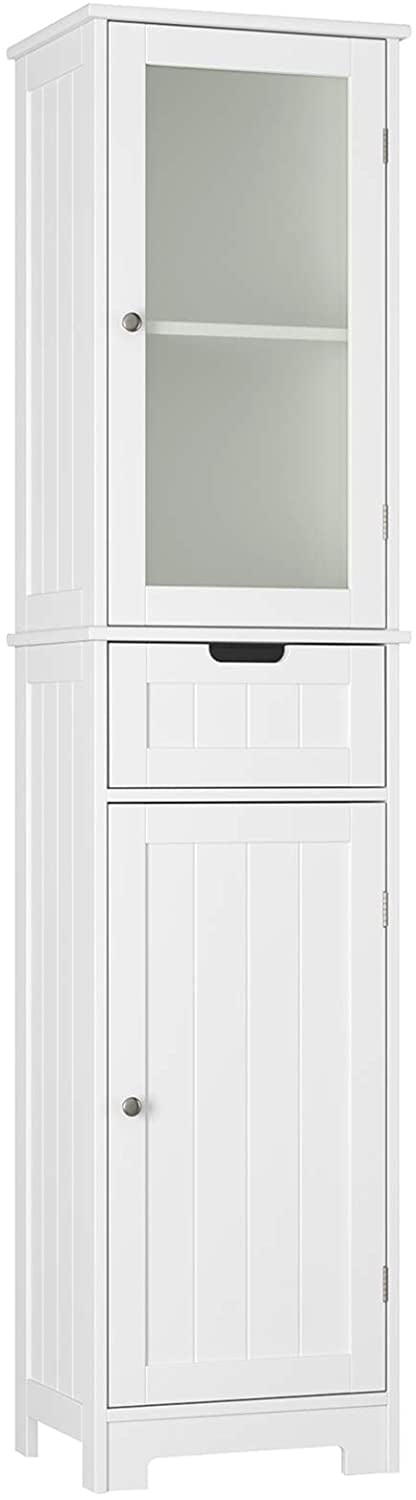 COSTWAY Bathroom Storage Cabinet White Drawer and Door Wooden Freestanding Tall Cupboard with Open Shelves Home Kitchen Living Room Hallway Organiser Unit 