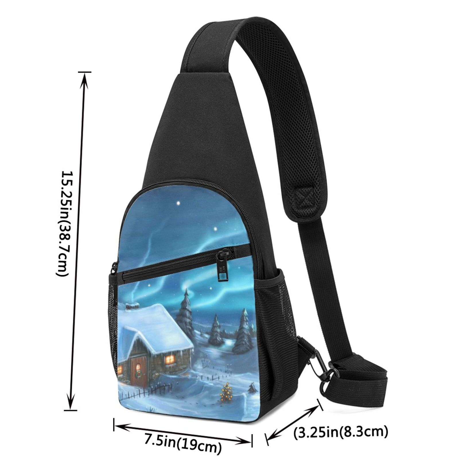 Xecao's Mountain Cottage In Snow Print Sling Bag: A Versatile Chest, Shoulder, and Crossbody Backpack for Casual Days Out, Perfect for Both Men and Women