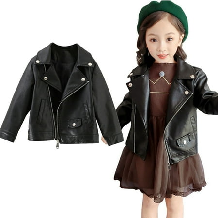 

2-8T Kids Baby Boys Girls PU Faux Leather Lapel Motorcycle Jacket Oblique Zipper Outerwear Coat