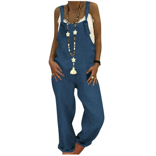 LOVZFMLL Combinaison pour Femme, Salopette Décontractée Ample Sans Manches à Bretelles avec Poche Combinaison Bleue, P