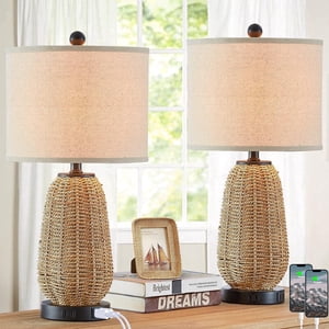 Cinkeda Rattan Table Lamp Set of 2, Farmhouse, USB