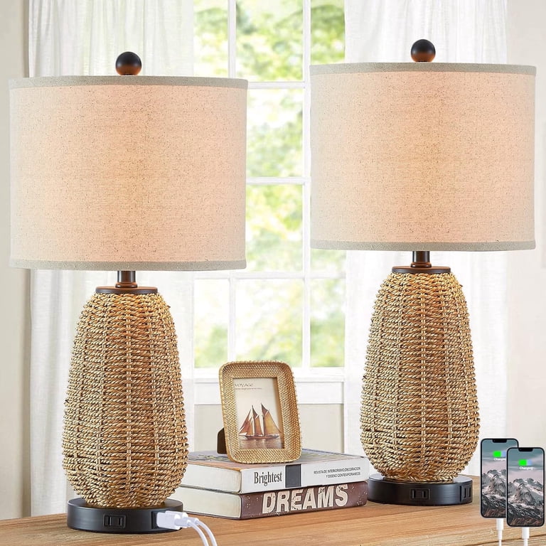 Cinkeda Rattan Table Lamp Set of 2, Farmhouse, USB photo 1