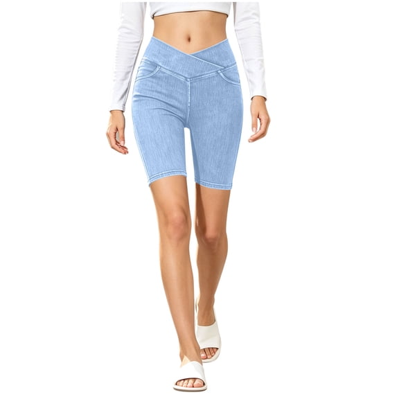 Xinsrenus Women's Solid Color Crossover High-Waist Denim Shorts Stretchy Slim Fit Pants Outdoor Sports Bottoms with Pockets