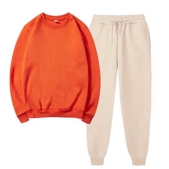 Sweatsuits Two Piece Sets Womens Sweatsuit For Women Solid Color Long Sleeve Round-Neck Sweatshirts Pullover And Adjustable Drawstring Pant Tracksuit Sport Suit Orange M